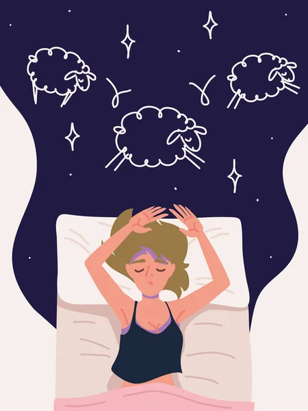 Sleeping woman counting sheep — Vector de stock