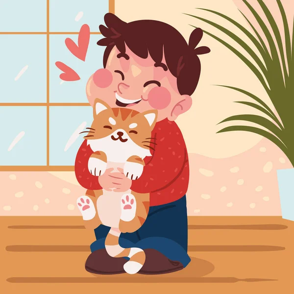 Menino Abraça Gato Todo Mundo Adora Gatos — Vetor de Stock