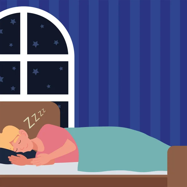 Young Man Sleeping Bed Night Scene — Stockový vektor