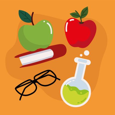 collection of school book, apple and test tube