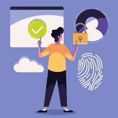 Adam ekranda işaretli siber güvenliği arıyor.