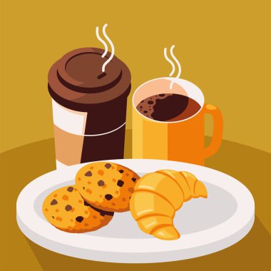 Kahve fincanları ve kurabiyeli ekmek, izometrik.