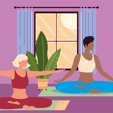 Kadınlar yoga yaparken rahat dururlar.