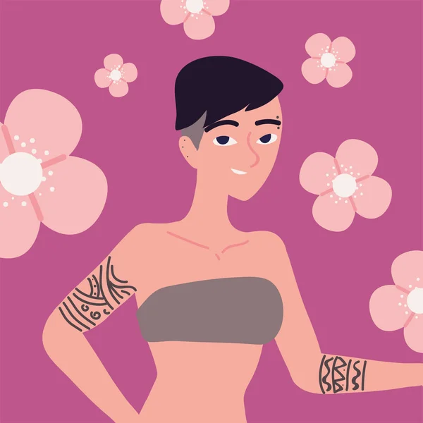 Personaje Mujer Joven Con Tatuaje — Vector de stock