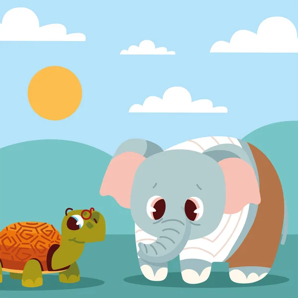 Tortuga Dibujos Animados Elefante Escena — Vector de stock