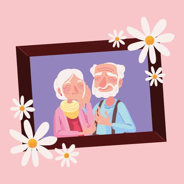 Παππούδες Φωτογραφία Ζευγάρι Λουλούδια — Διανυσματικό Αρχείο