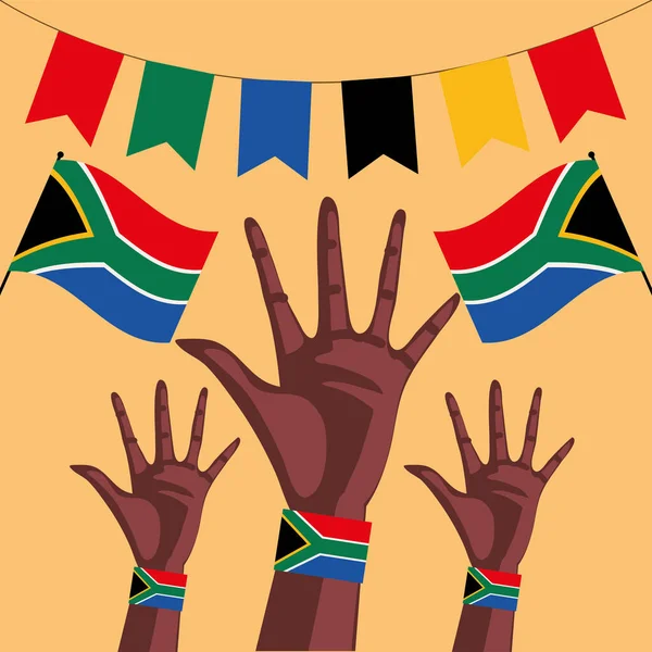 Manos Con Día Del Patrimonio Bandera Sudáfrica — Vector de stock