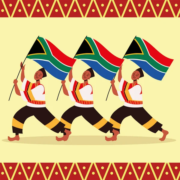 Patrimonio Día Sudáfrica Hombres Con Banderas — Vector de stock