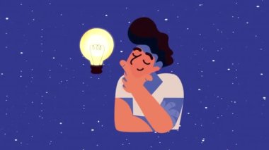 Adam ampul animasyonu ile düşünüyor, 4k video animasyonu