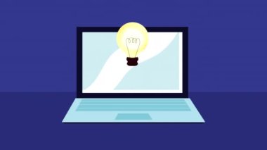 Dizüstü bilgisayar animasyonunda ampul ışığı, 4k video animasyonu