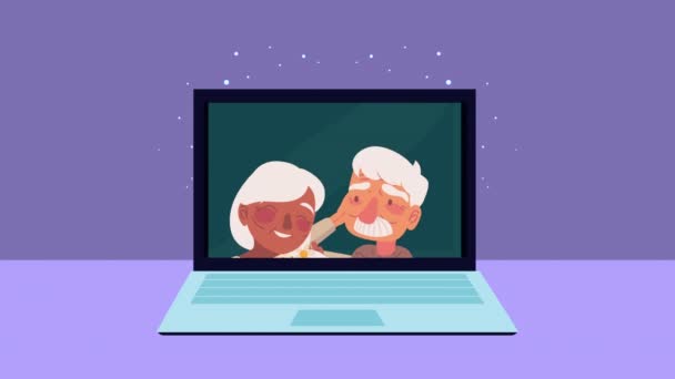 Schattig Grootouders Paar Laptop Animatie Video Geanimeerd — Stockvideo