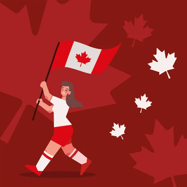 Young Woman Flag Canada Leaves — Vettoriale Stock