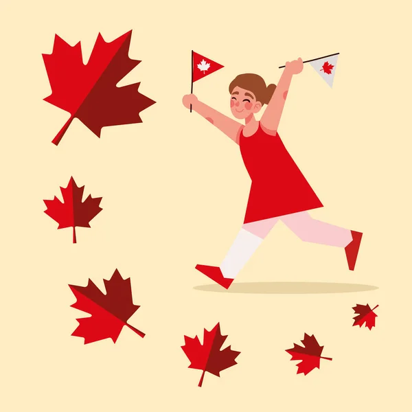 Dziewczyna Kanadyjskie Flagi Świętowanie — Wektor stockowy