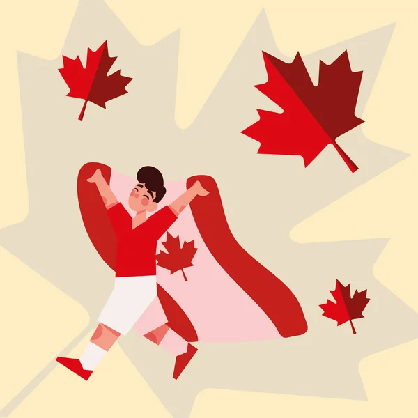Chłopiec Trzyma Flagę Kanady Liściem Klonu — Wektor stockowy