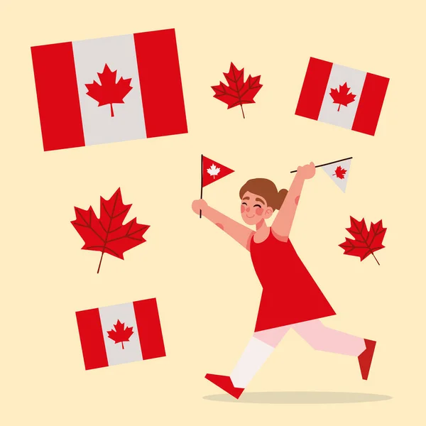 Świętowanie Dnia Kanady Dziewczyna Flagami — Wektor stockowy