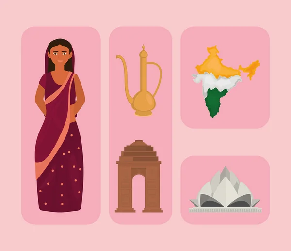 Set Indian Woman Map — Vettoriale Stock