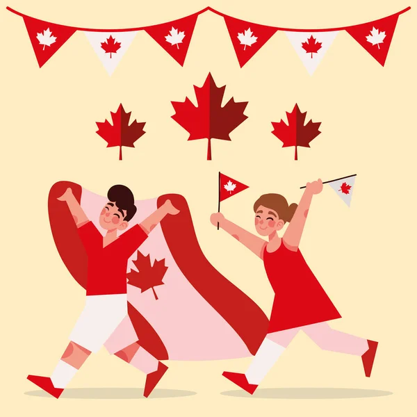 孩子们和拿着国旗的加拿大日 — 图库矢量图片