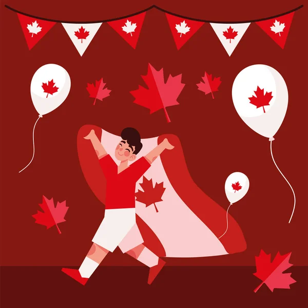 快乐的男孩 拿着加拿大国旗和气球 — 图库矢量图片