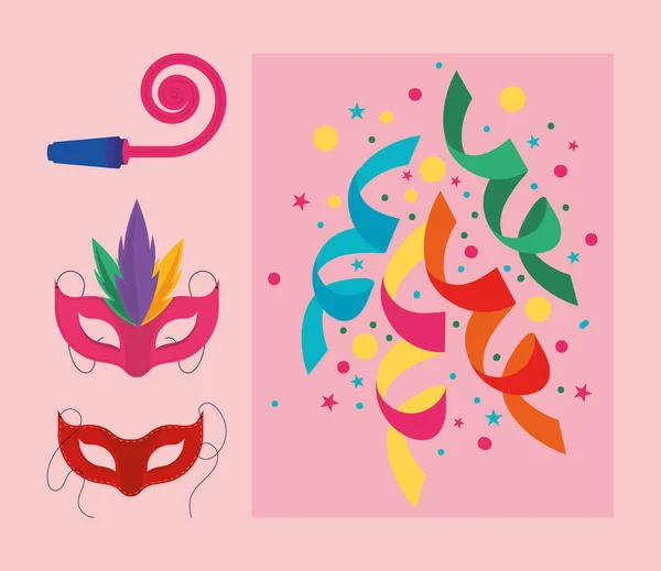 Fiesta Confeti Máscaras Iconos — Vector de stock