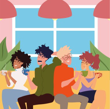 İnsanlar kanepede oturup kahve içiyorlar.