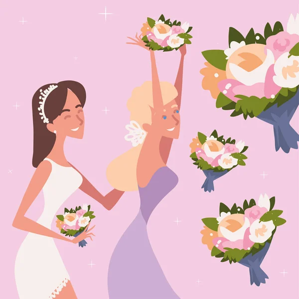 Bride Throw Bouquet Bridesmaids — Vettoriale Stock