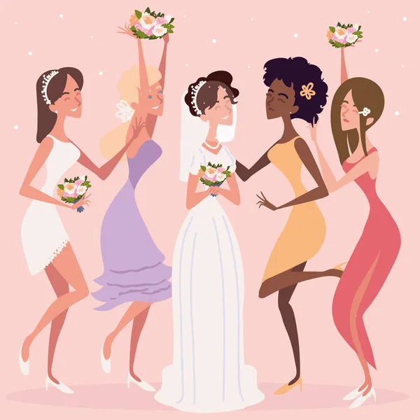 bride and bridesmaids and bouquets