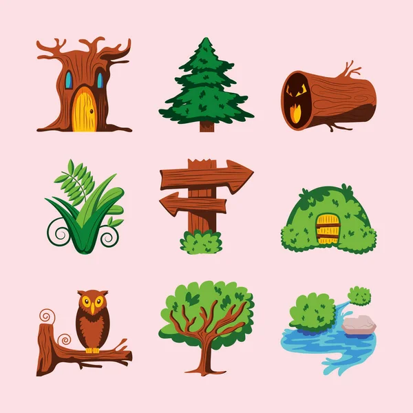Ікони Зачаровані Лісовими Деревами Тваринами — стоковий вектор
