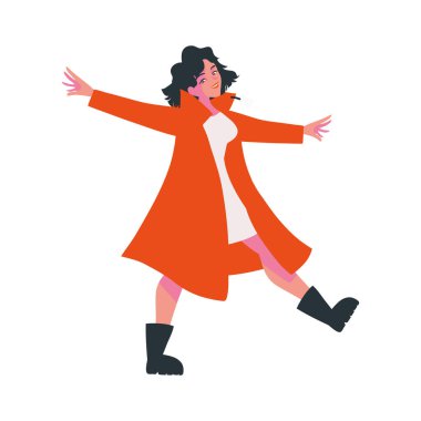 Paltolu ve çizmeli mutlu kadın izole edilmiş.