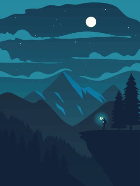 Gece manzarasında lambayla dağcı