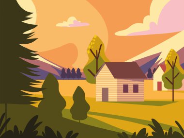 Kırsal ev günbatımı manzara tasarımı