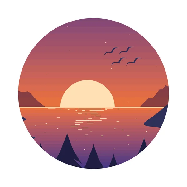 Landschaft Meer Sonnenuntergang Fliegende Vögel — Stockvektor