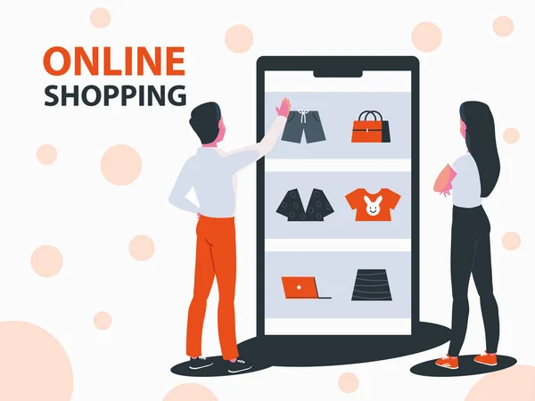 Couple Online Shopping Select Clothes — Stock Vector