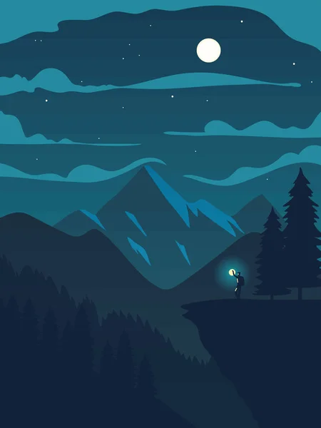 Alpinist Lampă Peisaj Noapte — Vector de stoc