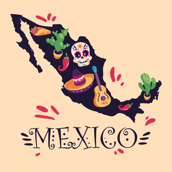 Mexiko Karte Mit Totenkopf Und Gitarre — Stockvektor