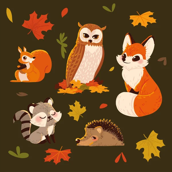 Eine Reihe Von Tieren Und Blättern Herbst — Stockvektor