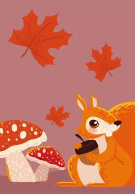 Sonbahar sahnesi sincabı mantar ve meşe palamudu ile