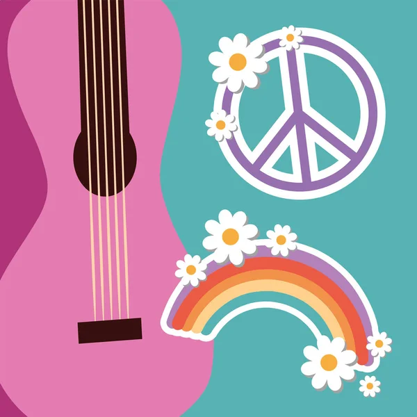 Hippie Gitarre Und Regenbogen Mit Friedenssymbol — Stockvektor