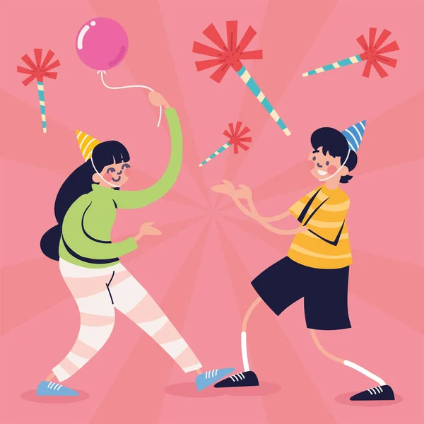 生日快乐的女孩和带气球的男孩 — 图库矢量图片
