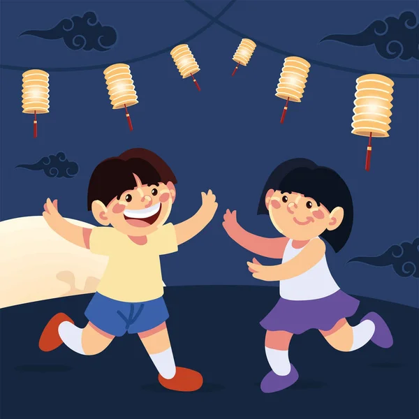 Děti Čínský Měsíc Festival Noční Scéna — Stockový vektor