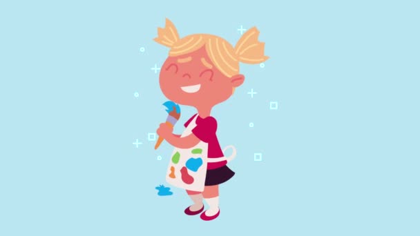 Little Student Girl Paintbrush Animation Video Animated — Stock Video
