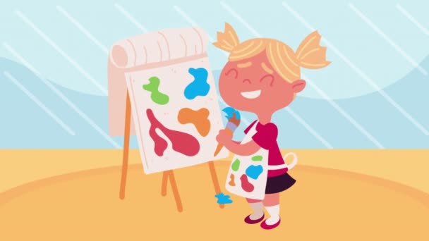 Little Student Girl Paintbrush Animation Video Animated — Video Stock