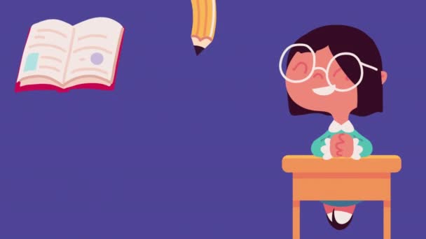 Little Student Girl School Desk Video Animated — Vídeo de stock