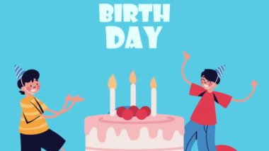 Mutlu yıllar çocuklar. Karakterleri kutluyoruz. 4k video animasyonu.