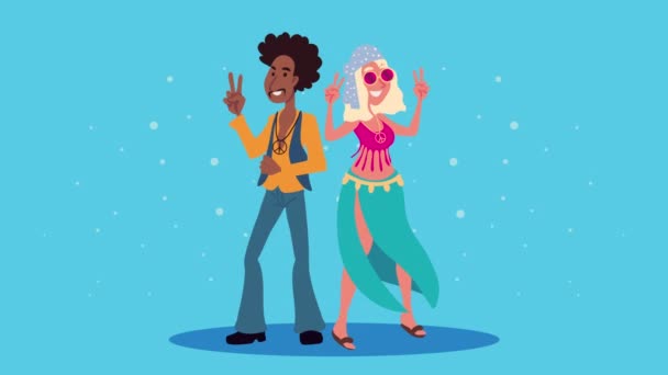 Young Hippies Couple Interracial Characters Video Animated — Vídeo de stock