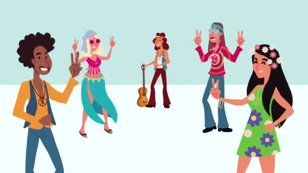 Group Hippies Young Characters Video Animated — Video Stock