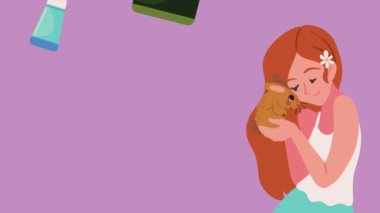 woman with rabbit and cosmetics cruelty free ,4k video animated