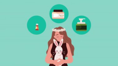 woman with rabbit and cosmetics cruelty free ,4k video animated
