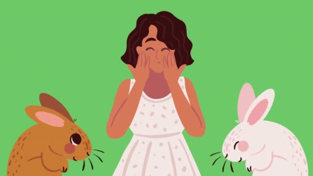 Mädchen Mit Niedlichen Kaninchen Charaktere Video Animiert — Stockvideo