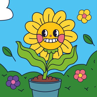 karikatür saksısı çiçek retro tarzı