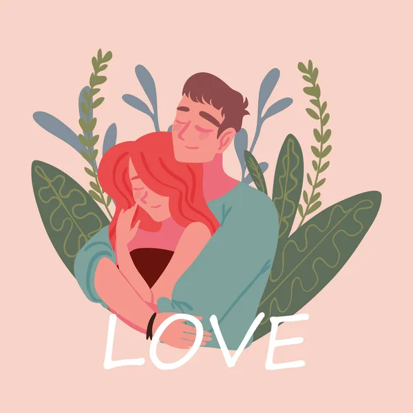 Embracing Couple Love Word — Vector de stock
